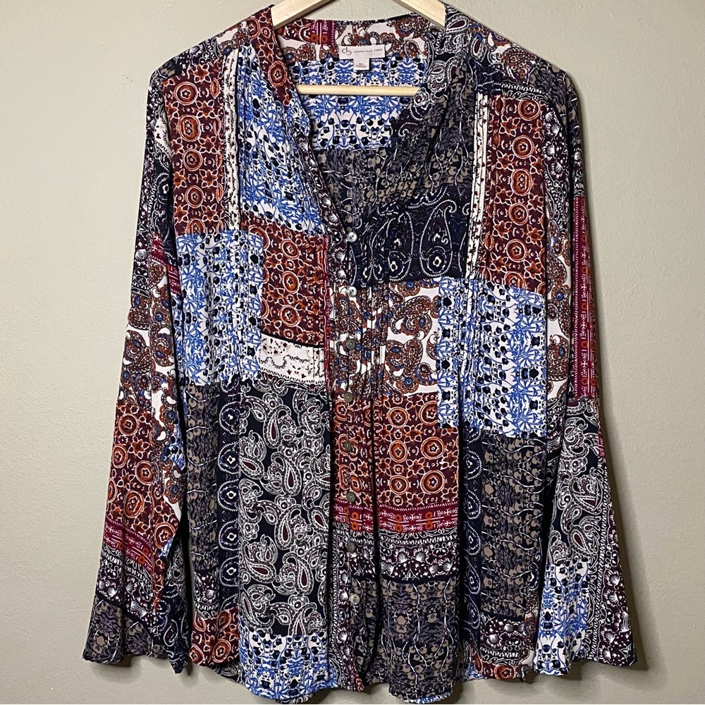 Dressbarn Patchwork Print Boho Blouse Women XL Blue Black Paisley Floral